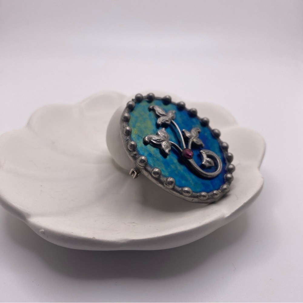Art Nouveau Pewter Brooch with Blue Green Iridescent Background Floral Scroll - Picture 2 of 4